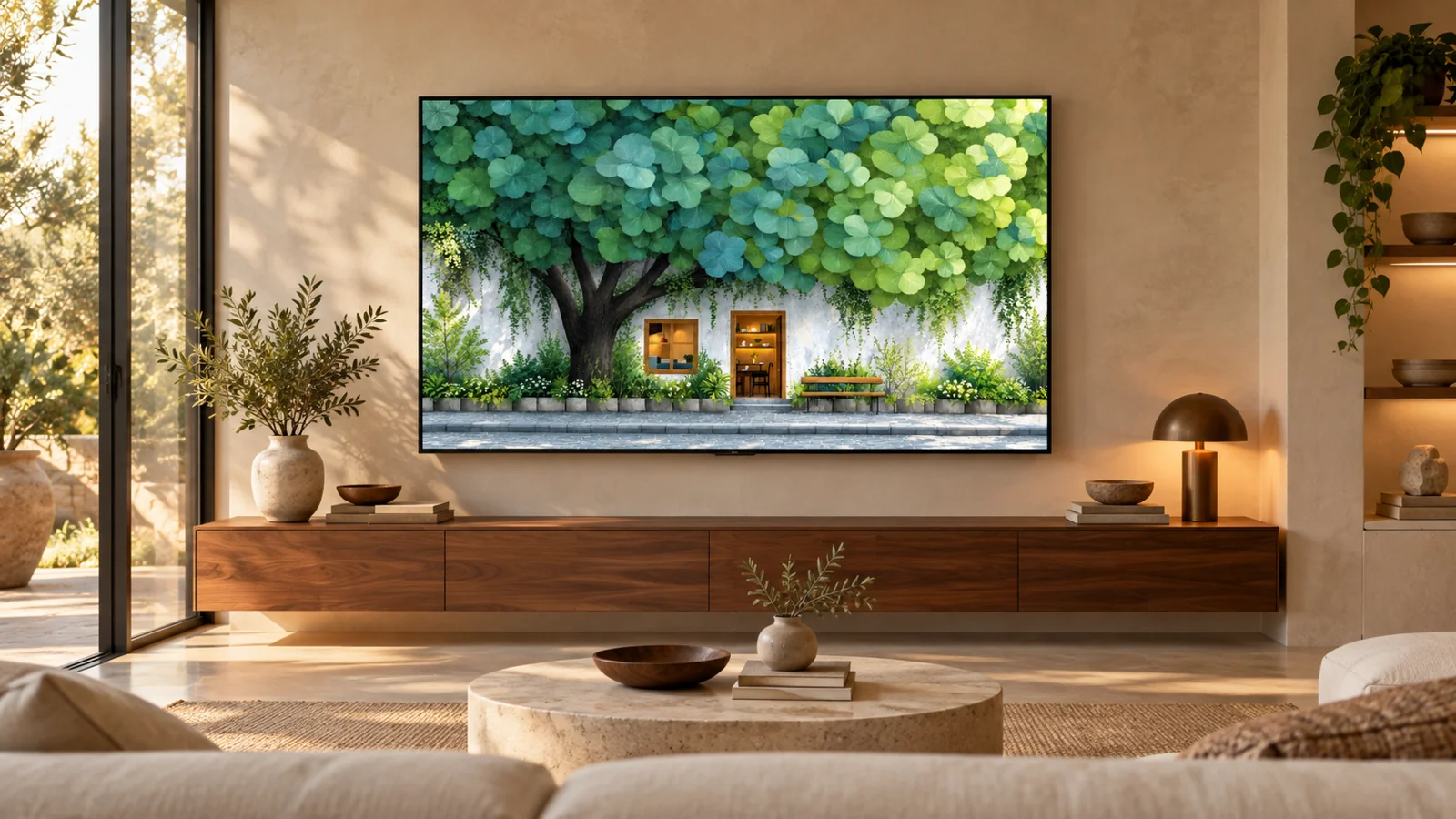 The Canopy Café on a living room TV — scene visualization